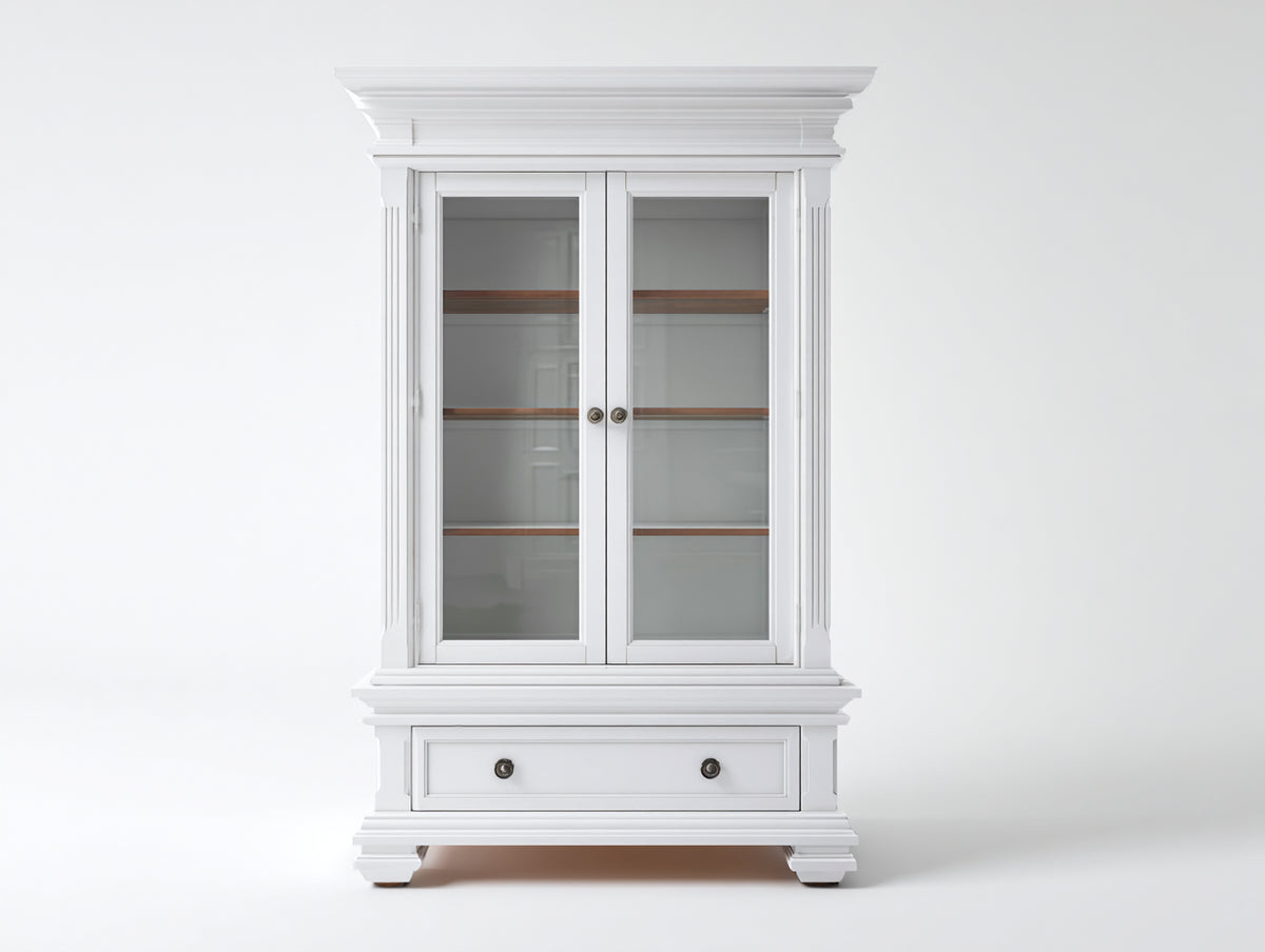 Bücherregal 100x35x180 cm in Weiß mit Glastüren und Schublade - Klassischer Bücherschrank