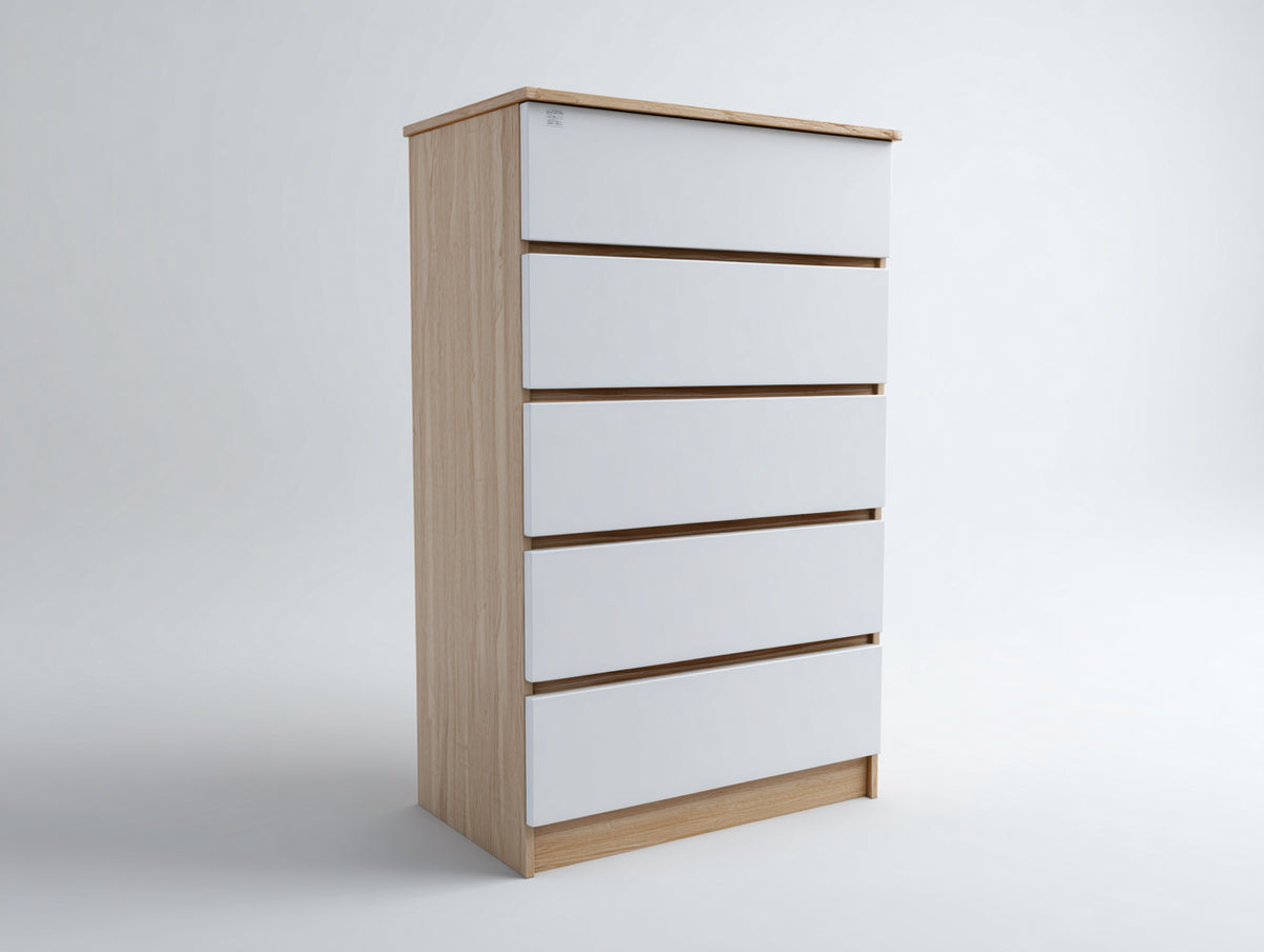 Kommode mit Schubladen 80x40x120 cm - Moderner Aufbewahrungsschrank - Holzfarben Weiß mit 5 Schubladen und minimalistischem Design