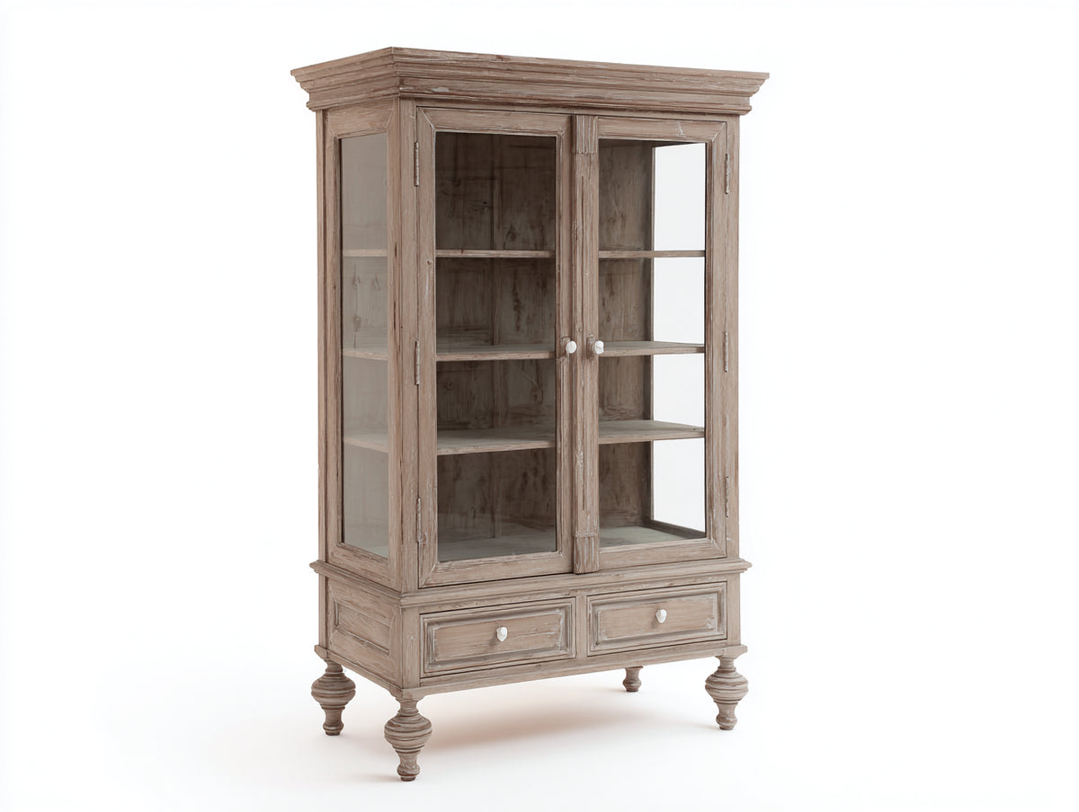 Bücherregal 100x40x180 cm Holzfarben Vitrine mit Glastüren und Schubladen Aufbewahrungsschrank Klassisches Design