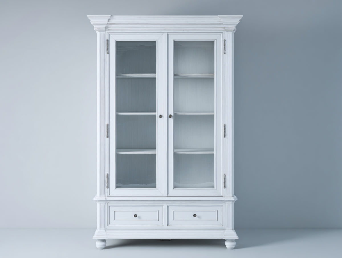 Bücherregal 100x40x190 cm - Klassisches Glasregal - Weißer Holzschrank mit zwei Türen und zwei Schubladen für Wohnzimmer und Arbeitszimmer