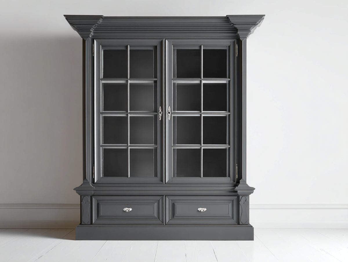 Bücherregal 140x45x210 cm - Klassisches Glasregal - Anthrazit Holzschrank mit zwei Türen und zwei Schubladen für Wohnzimmer und Arbeitszimmer