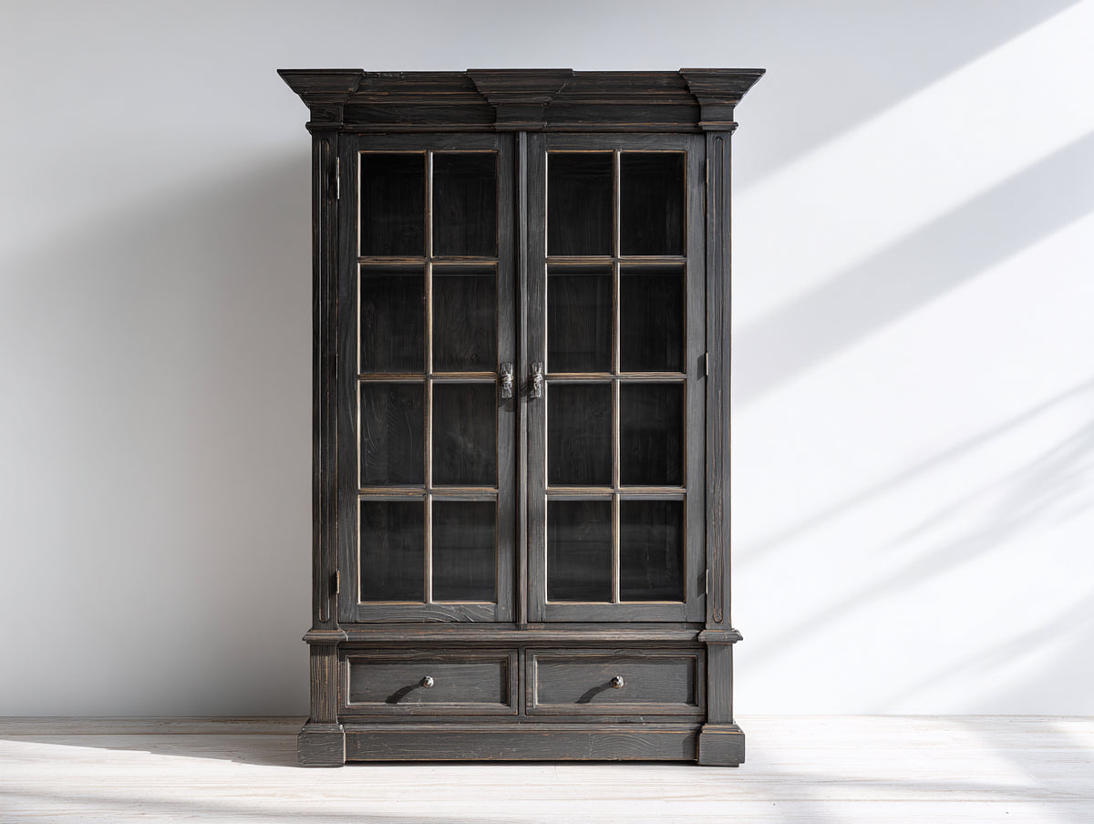 Bücherregal Holzwerkstoff 100 x 40 x 180 cm - Dunkelgrau - Klassisches Design mit Glastüren und Schubladen