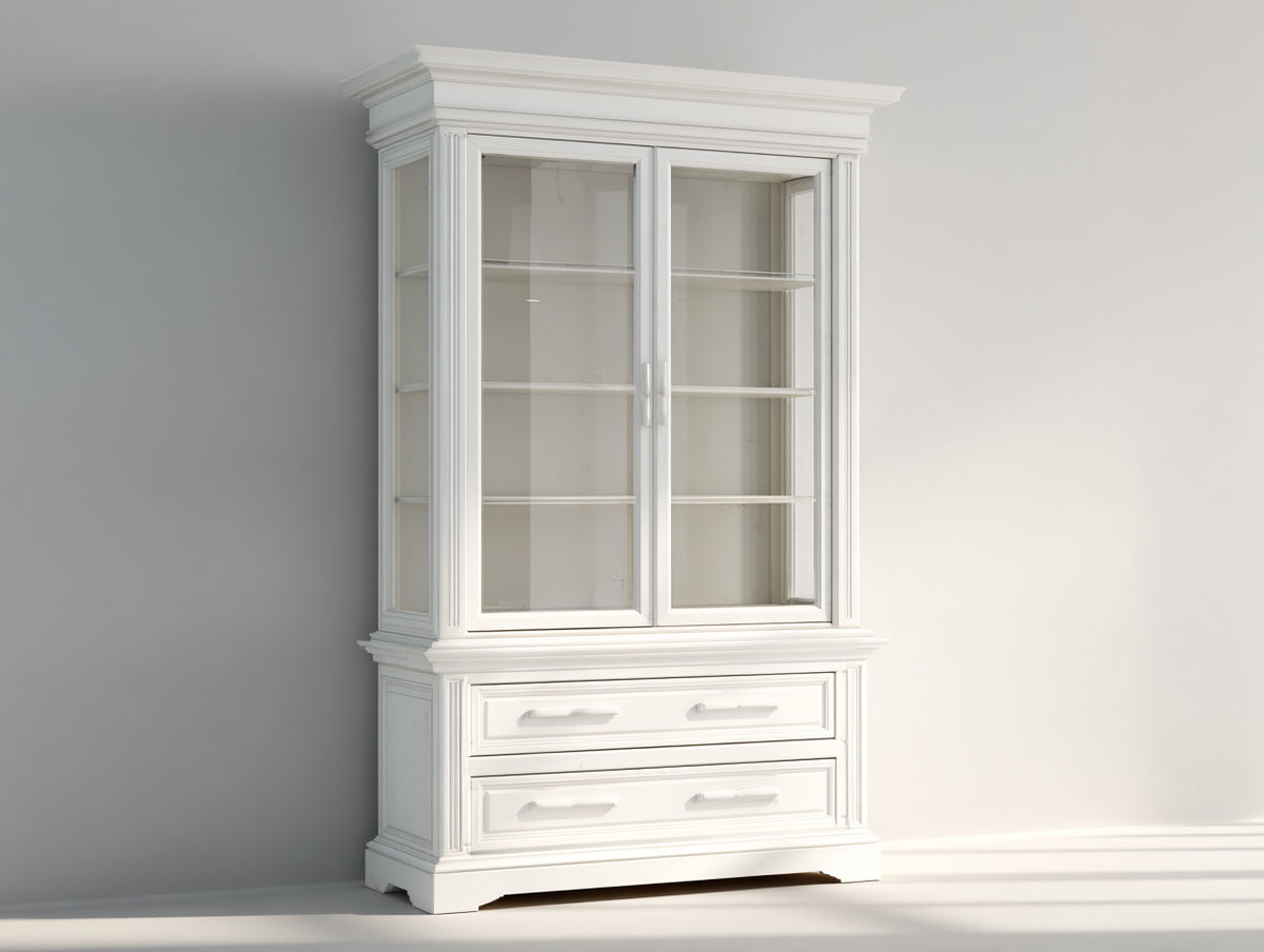 Bücherregal 120x40x200 cm - Klassisches Glasregal - Weißer Holzschrank mit zwei Türen und zwei Schubladen für Wohnzimmer und Arbeitszimmer