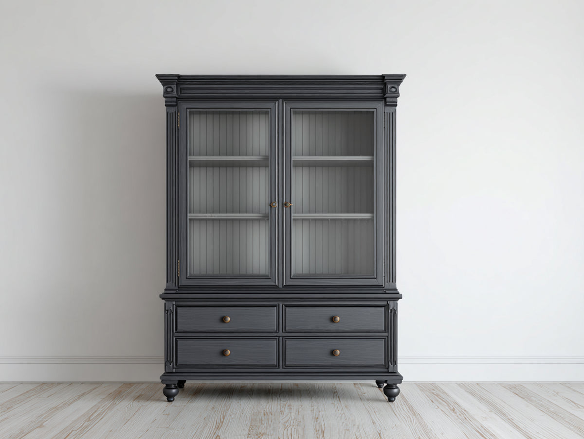 Bücherregal 120x40x200 cm - Klassisches Glasregal - Schwarzer Holzschrank mit zwei Türen und vier Schubladen für Wohnzimmer und Arbeitszimmer