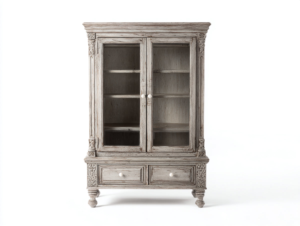Bücherregal 90x40x180 cm - Klassisches Regal mit Glastüren - Graues Holzregal mit zwei Türen und zwei Schubladen elegantes Design