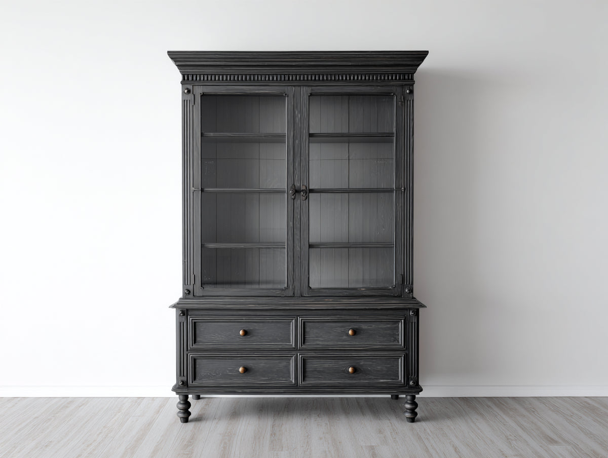 Bücherregal 120x40x200 cm Schwarz Vitrine mit Glastüren und Schubladen Aufbewahrungsschrank Klassisches Design